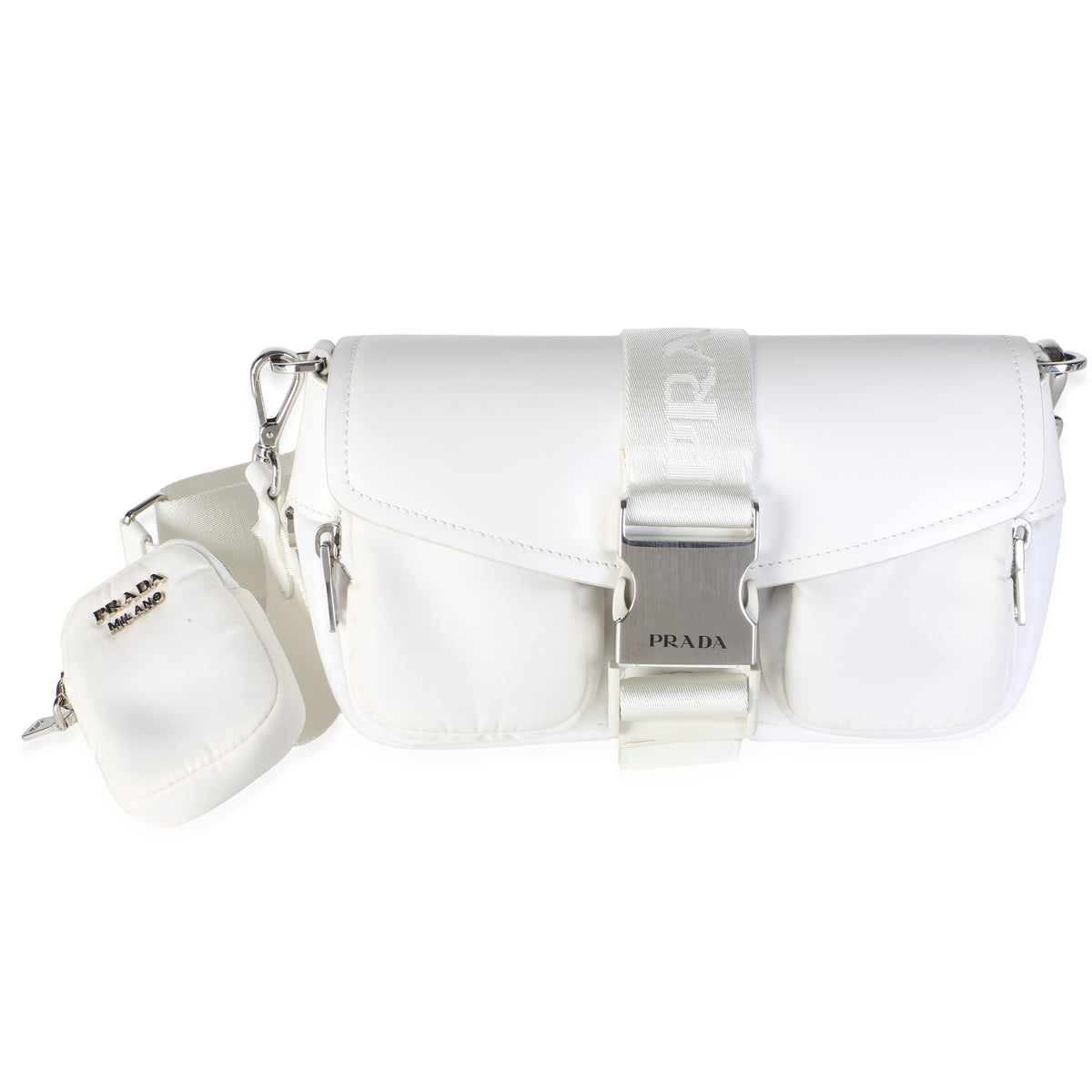 Prada White Re-Nylon Spazzolato Double Pocket Buckle Shoulder Bag