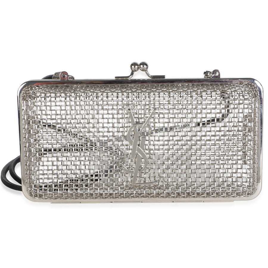Saint Laurent Silver Metallic Brass Lambskin Monogram Cassandre Cage Metallic; Aluminum Bag