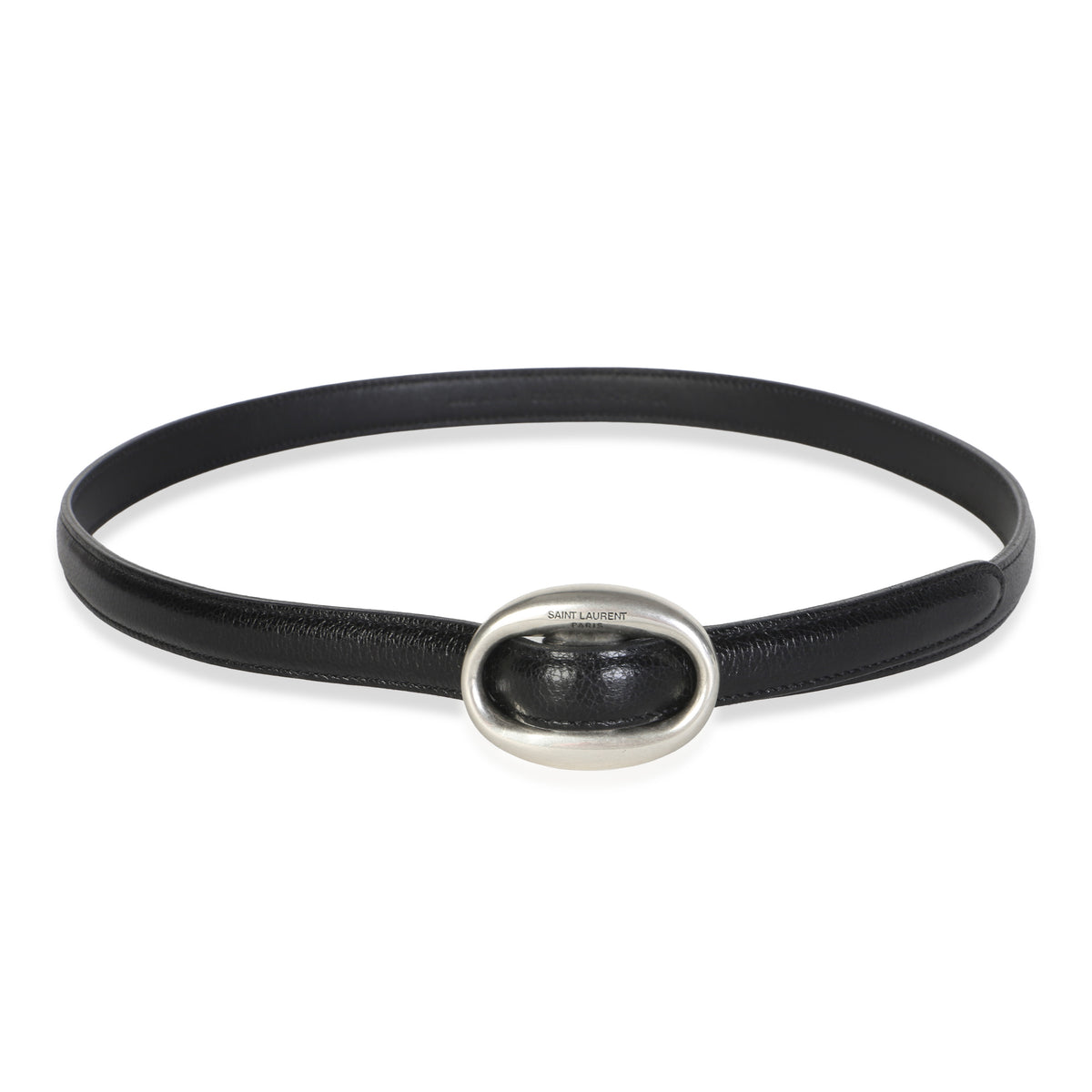 Saint Laurent Black Glossed Leather Oval Buckle Thin Belt 75