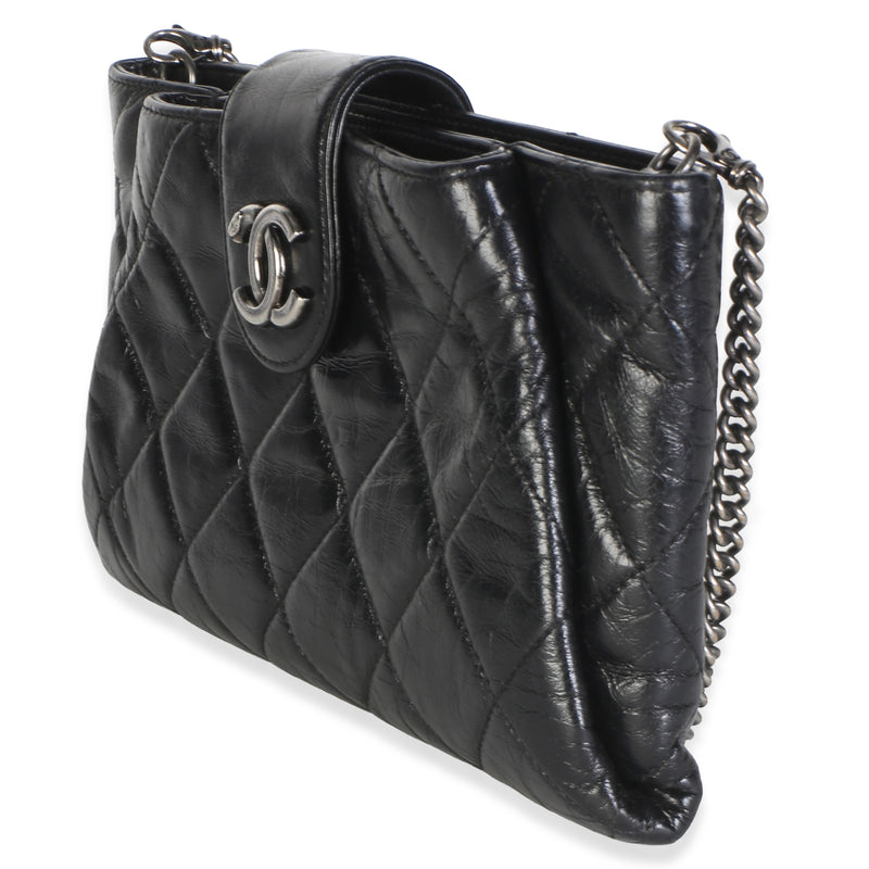 Chanel Black Quilted Calfskin Glazed Coco Pleats Chain Clutch Leather