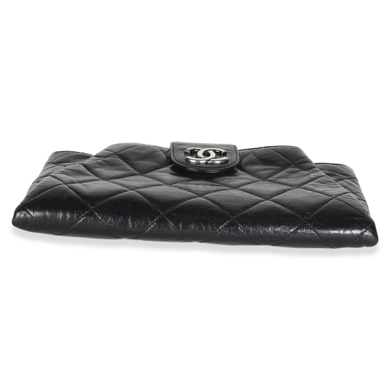 Chanel Black Quilted Calfskin Glazed Coco Pleats Chain Clutch Leather