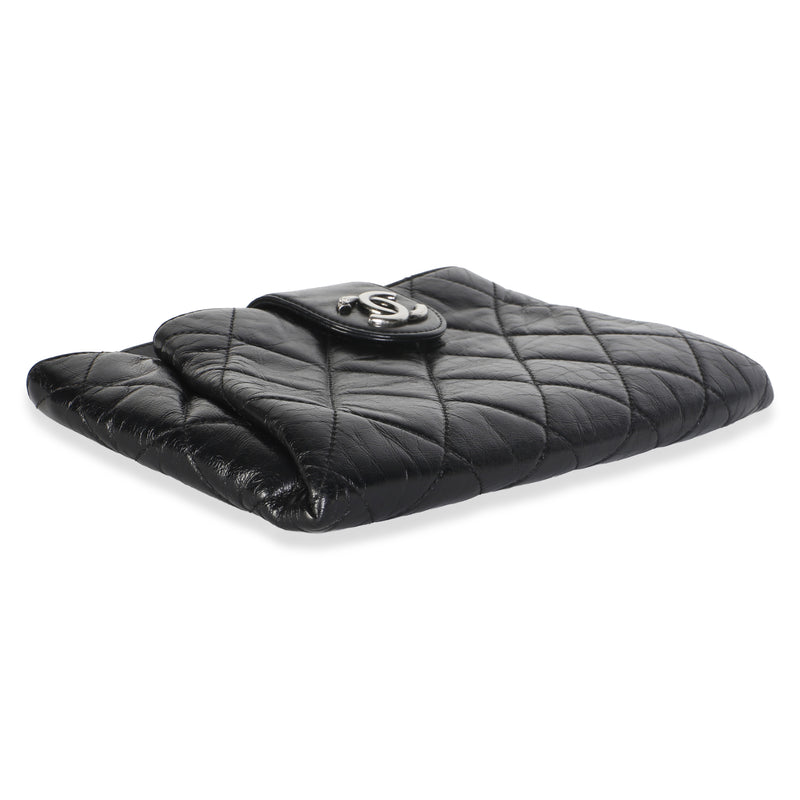Chanel Black Quilted Calfskin Glazed Coco Pleats Chain Clutch Leather