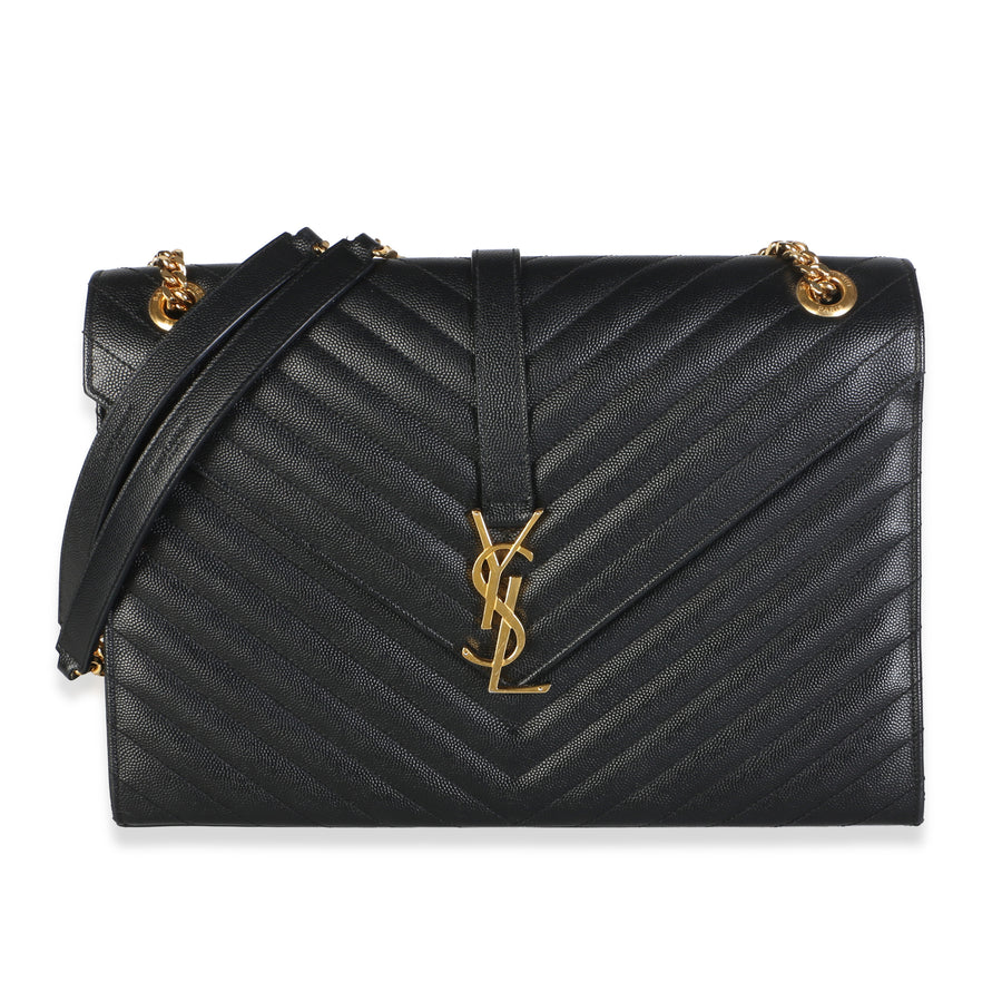 Saint Laurent Black Grain De Poudre Matelasse Chevron Large Monogram Satchel Leather