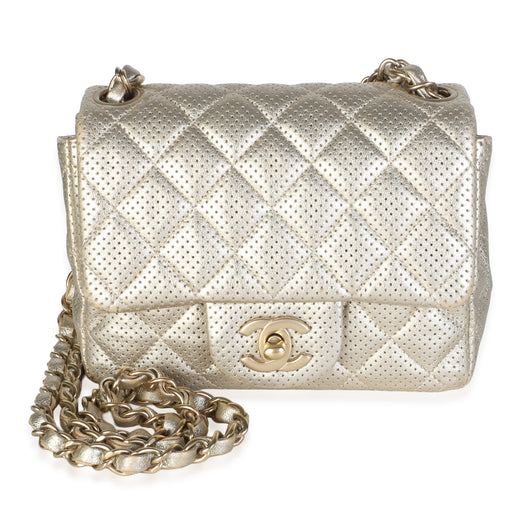 Chanel Light Gold Metallic Perforated Lambskin Mini Square Flap Bag Gold; Leather