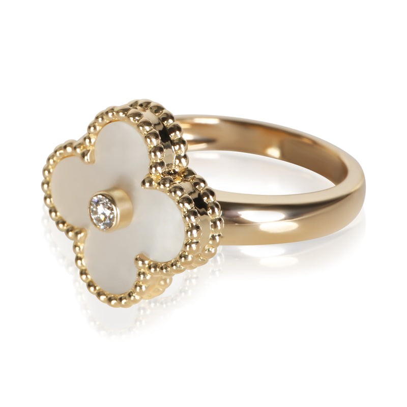 Van Cleef & Arpels Yellow Gold Mother Of Pearl And Diamond Vintage Alhambra Ring 18k Rings
