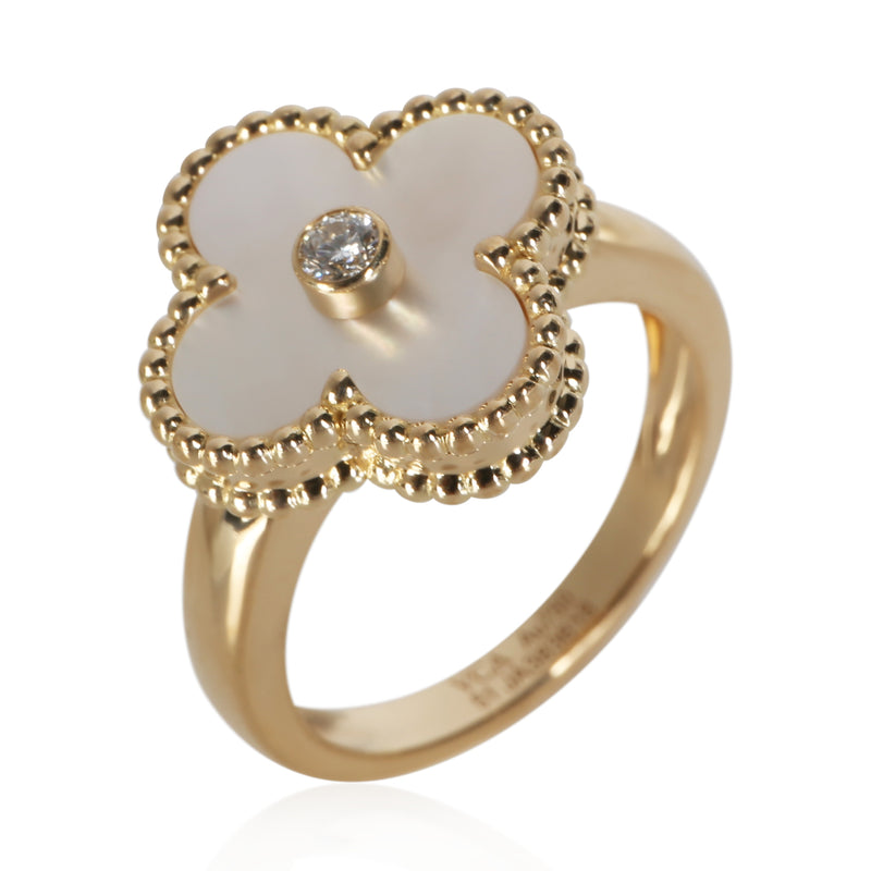 Van Cleef & Arpels Yellow Gold Mother Of Pearl And Diamond Vintage Alhambra Ring 18k Rings
