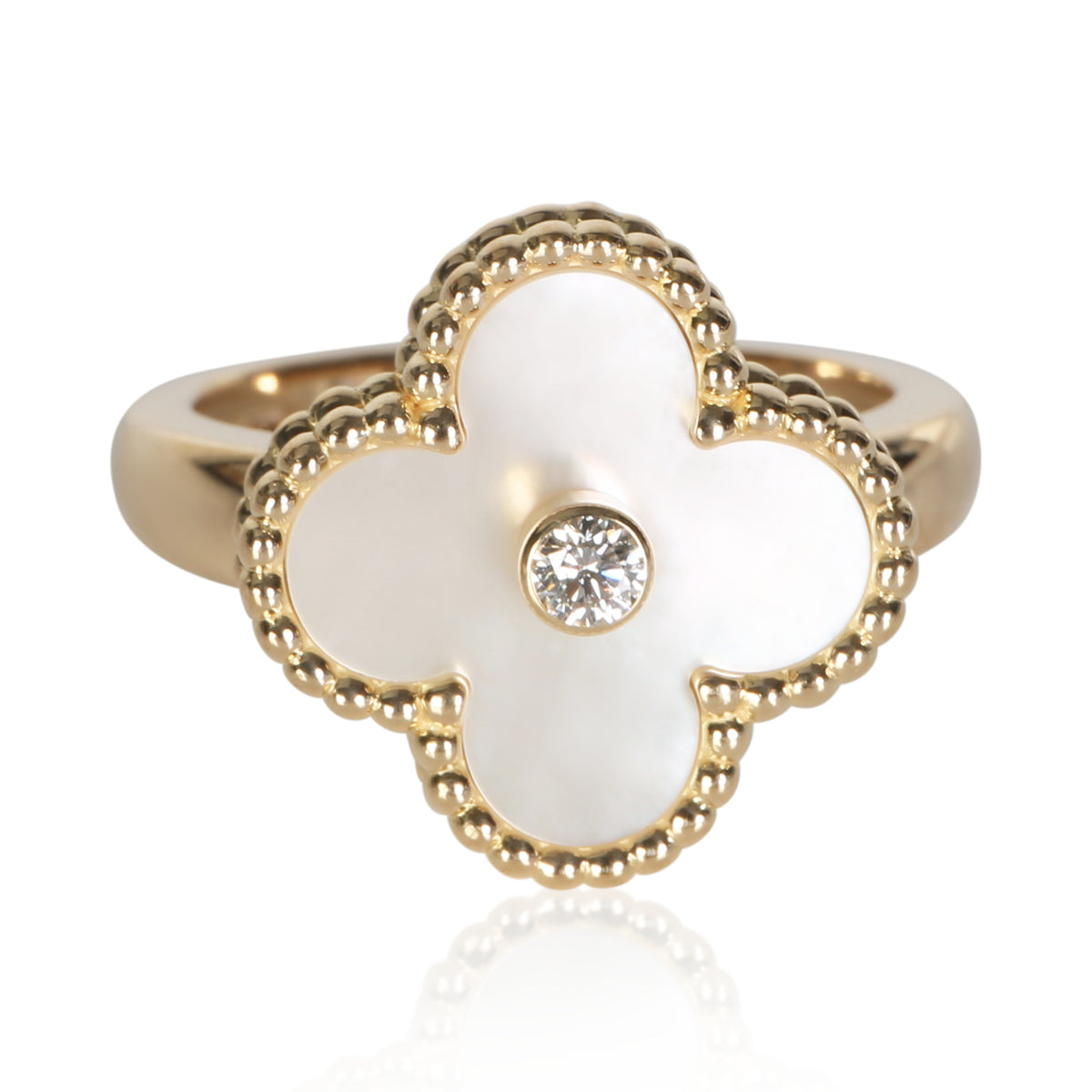 Van Cleef & Arpels Yellow Gold Mother Of Pearl And Diamond Vintage Alhambra Ring 18k Rings