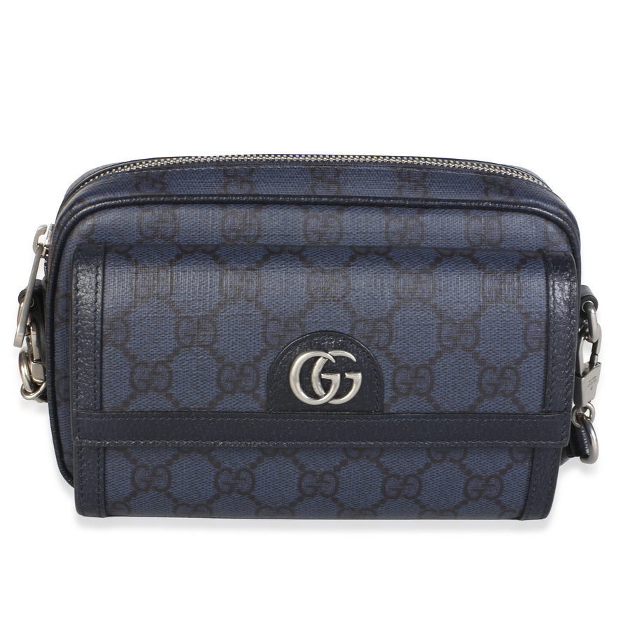 Gucci Navy Gg Supreme Canvas Textured Dollar Calfskin Mini Ophidia Bag Black; Blue Coated