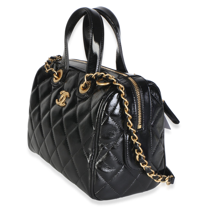 Chanel 25a Black Shiny Crumpled Quilted Patent Small Bowling Bag Leather