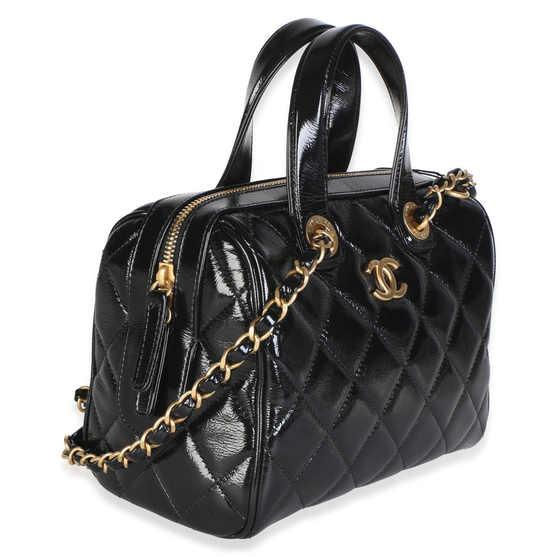 Chanel 25a Black Shiny Crumpled Quilted Patent Small Bowling Bag Leather