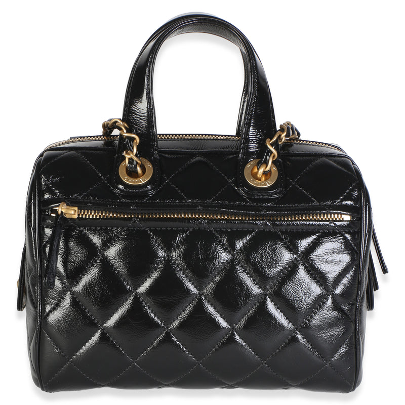 Chanel 25a Black Shiny Crumpled Quilted Patent Small Bowling Bag Leather