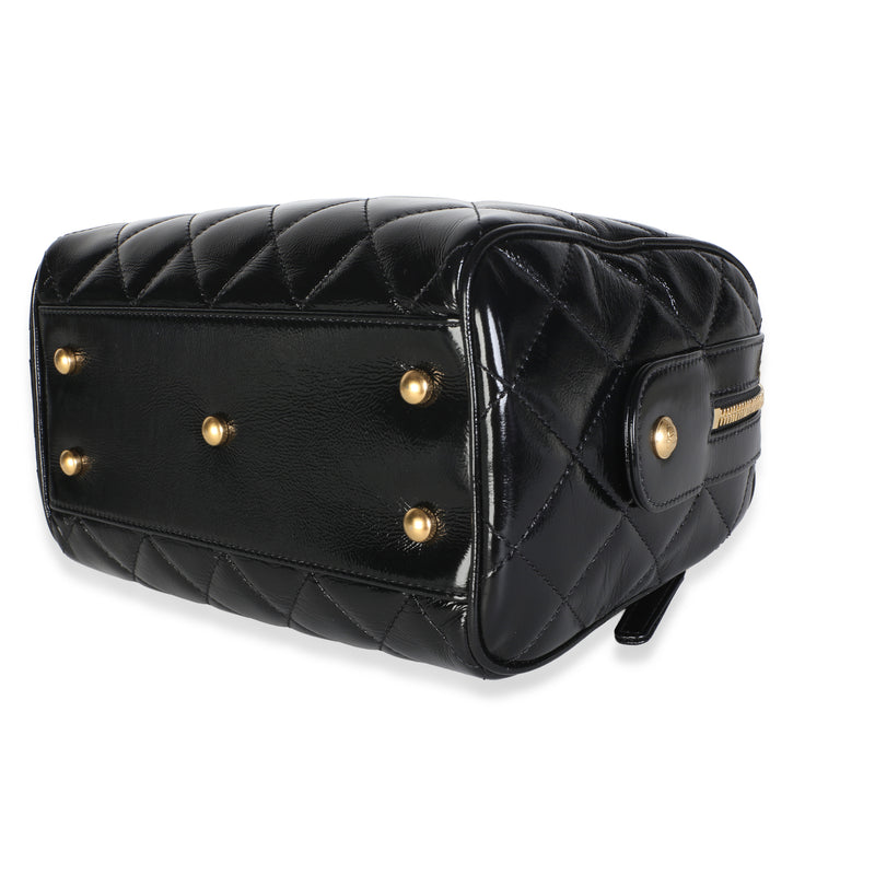Chanel 25a Black Shiny Crumpled Quilted Patent Small Bowling Bag Leather