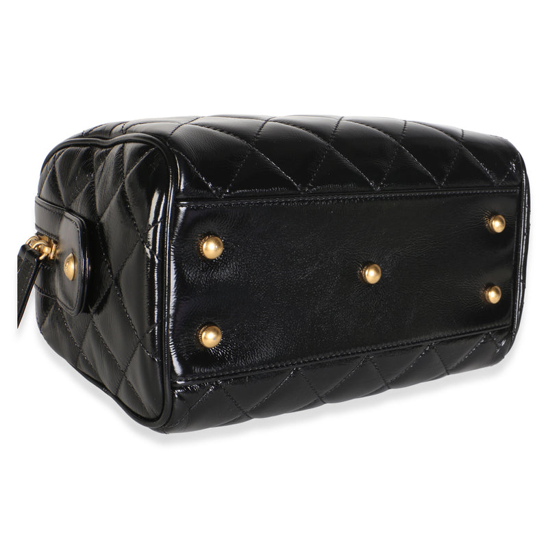Chanel 25a Black Shiny Crumpled Quilted Patent Small Bowling Bag Leather