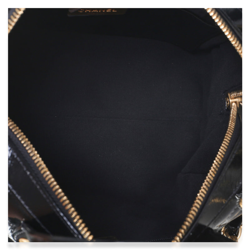 Chanel 25a Black Shiny Crumpled Quilted Patent Small Bowling Bag Leather