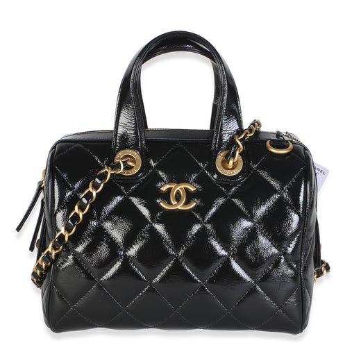 Chanel 25a Black Shiny Crumpled Quilted Patent Small Bowling Bag Leather
