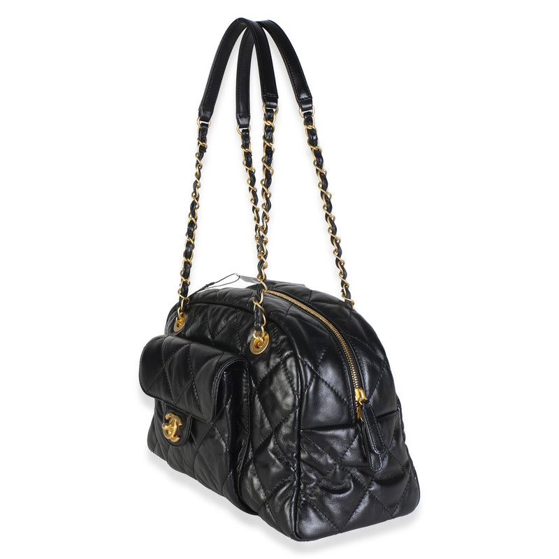 Chanel 24a Black Shiny Crumpled Calfskin Quilted Large Bowling Bag Leather