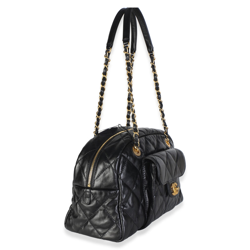 Chanel 24a Black Shiny Crumpled Calfskin Quilted Large Bowling Bag Leather