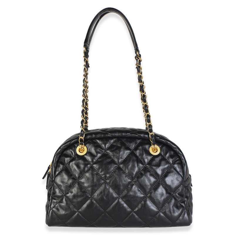 Chanel 24a Black Shiny Crumpled Calfskin Quilted Large Bowling Bag Leather