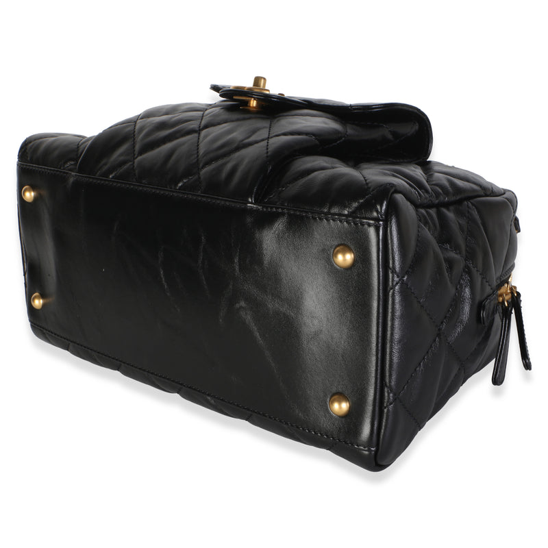 Chanel 24a Black Shiny Crumpled Calfskin Quilted Large Bowling Bag Leather