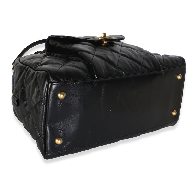 Chanel 24a Black Shiny Crumpled Calfskin Quilted Large Bowling Bag Leather