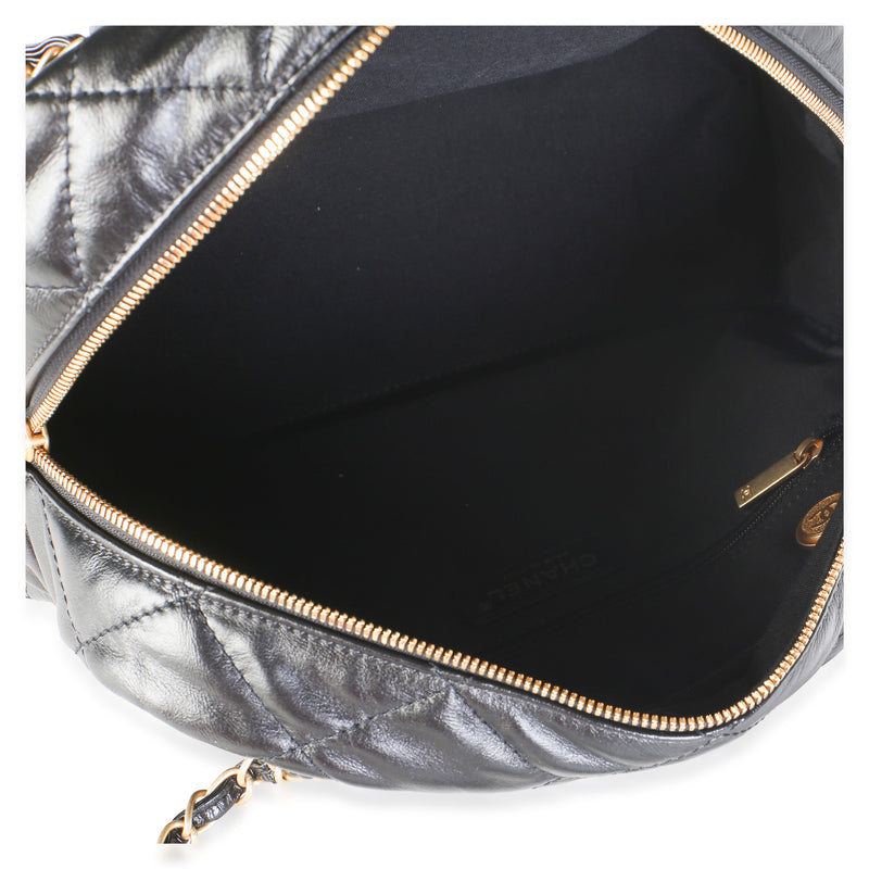 Chanel 24a Black Shiny Crumpled Calfskin Quilted Large Bowling Bag Leather