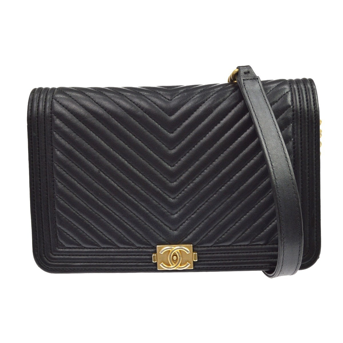 Chanel Boy Wallet On Chain Chevron Lambskin Black Leather Bag