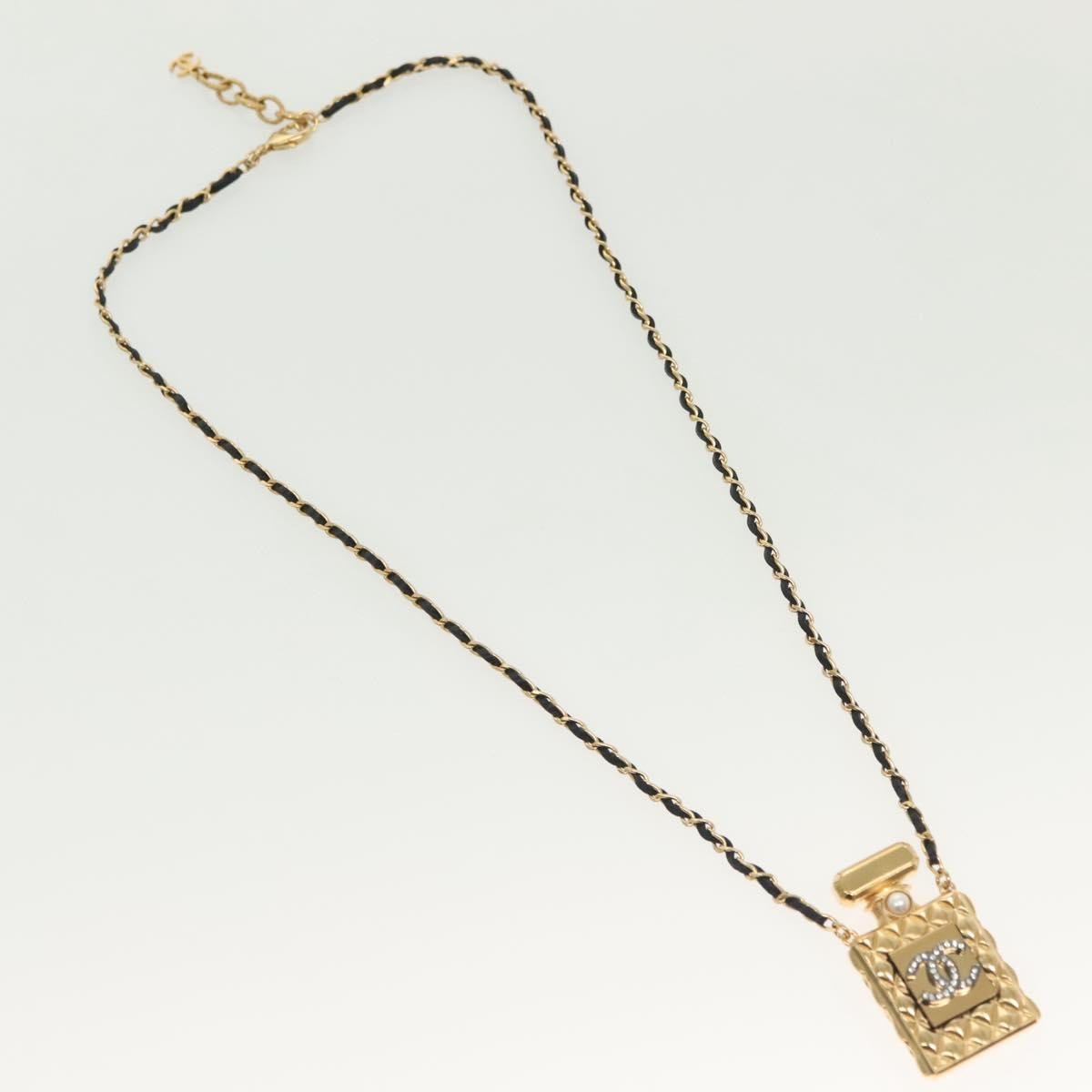 Chanel Cc Perfume Bottle Pendant Chain Long Metal With Leather, Crystals And Faux Pearl Gold Bijoux
