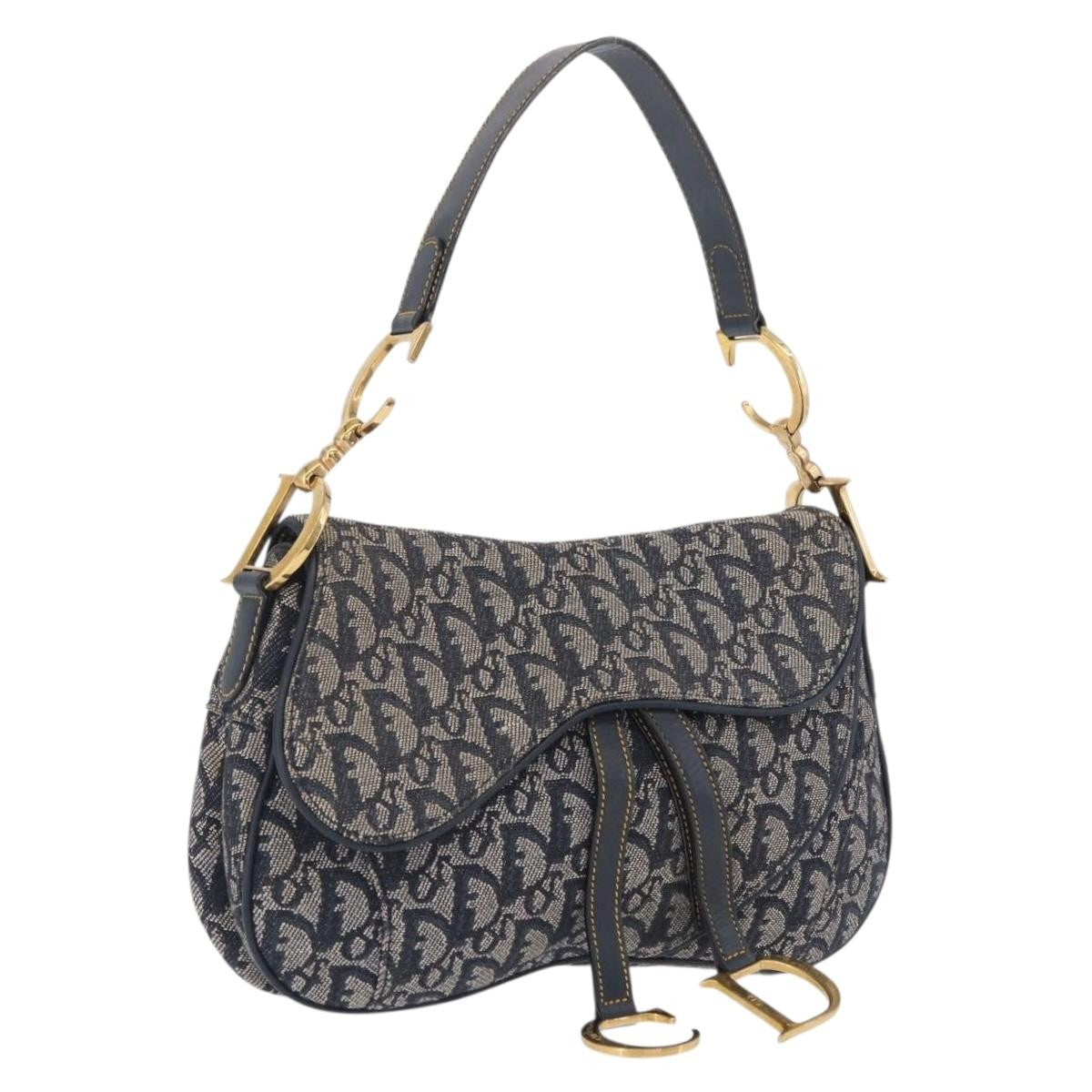 Christian Dior Vintage Double Saddle Diorissimo Canvas Navy Bag