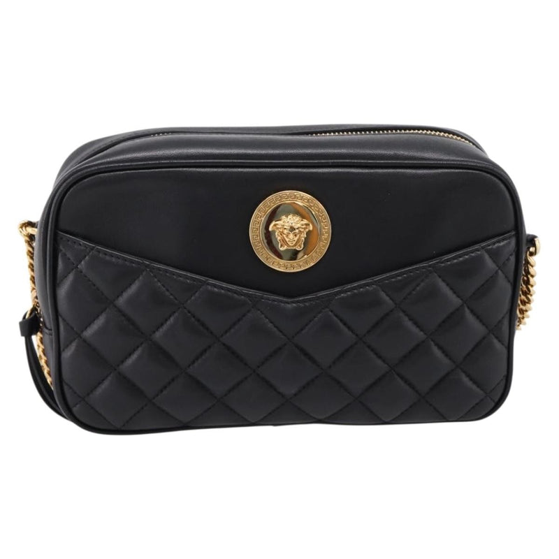 Versace Medusa Icon Front Slip Pocket Camera Quilted Leather Black Bag