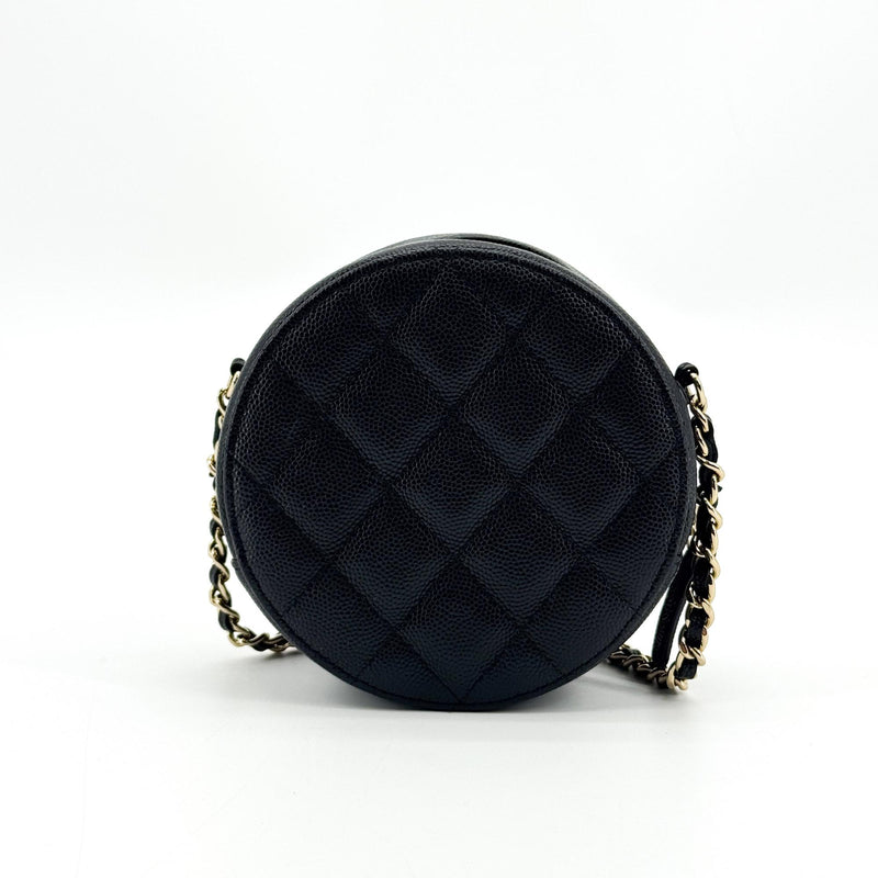 Chanel Round Chain Quilted Caviar Black Leather Bag
