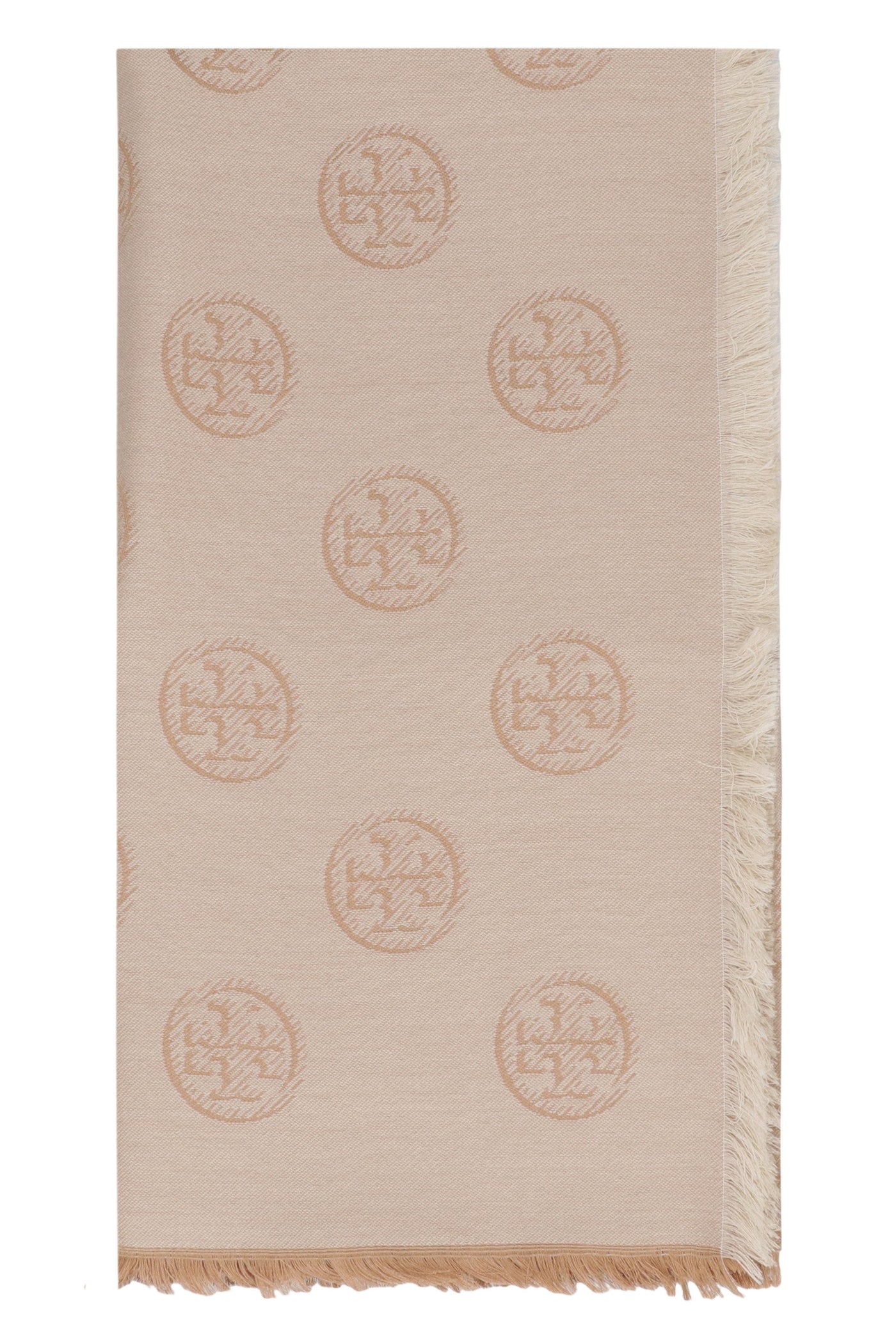 Tory Burch Logo-Jacquard Silk-Wool Scarf — Camel Scarfs