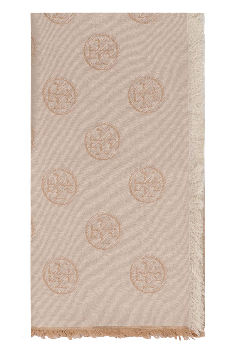 Tory Burch Logo-Jacquard Silk-Wool Scarf — Camel Scarfs