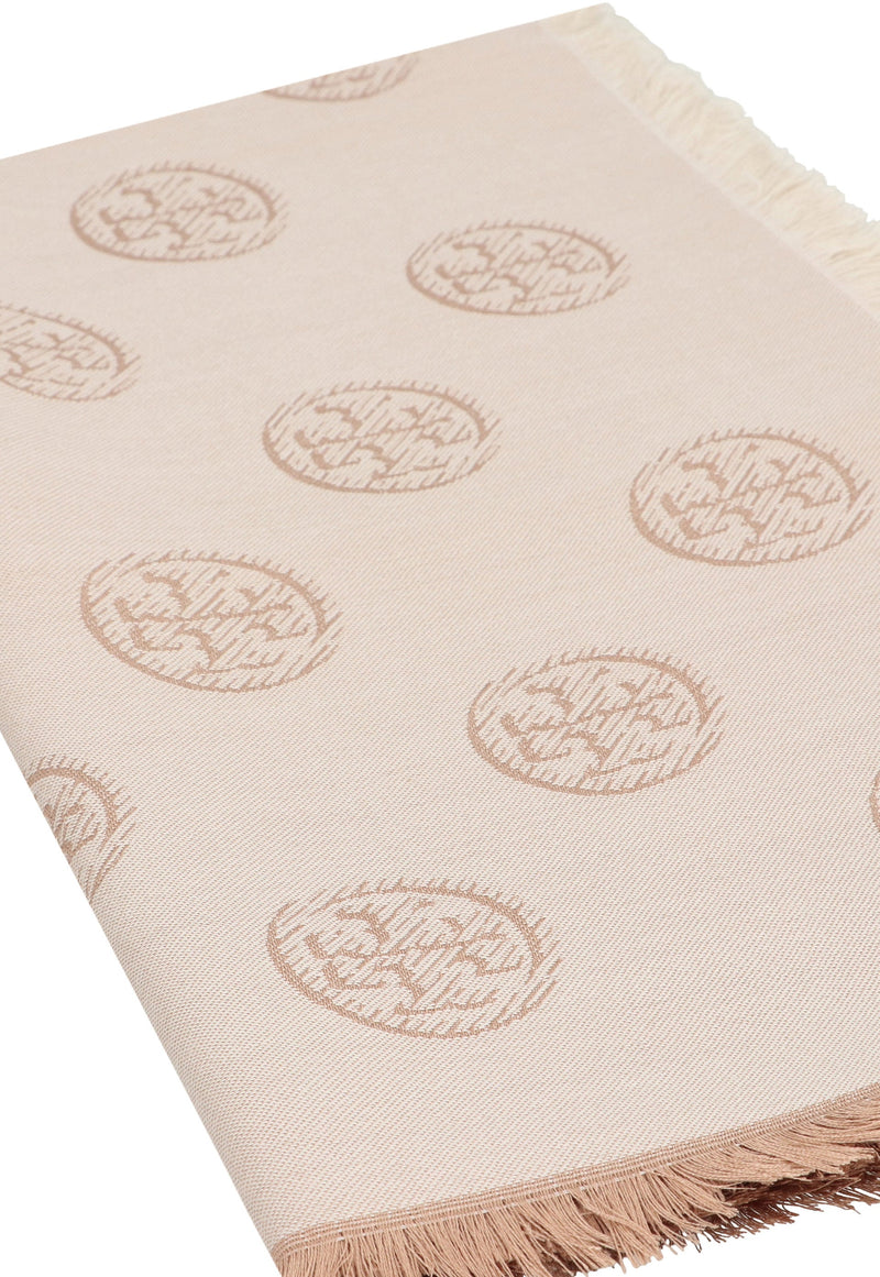 Tory Burch Logo-Jacquard Silk-Wool Scarf — Camel Scarfs
