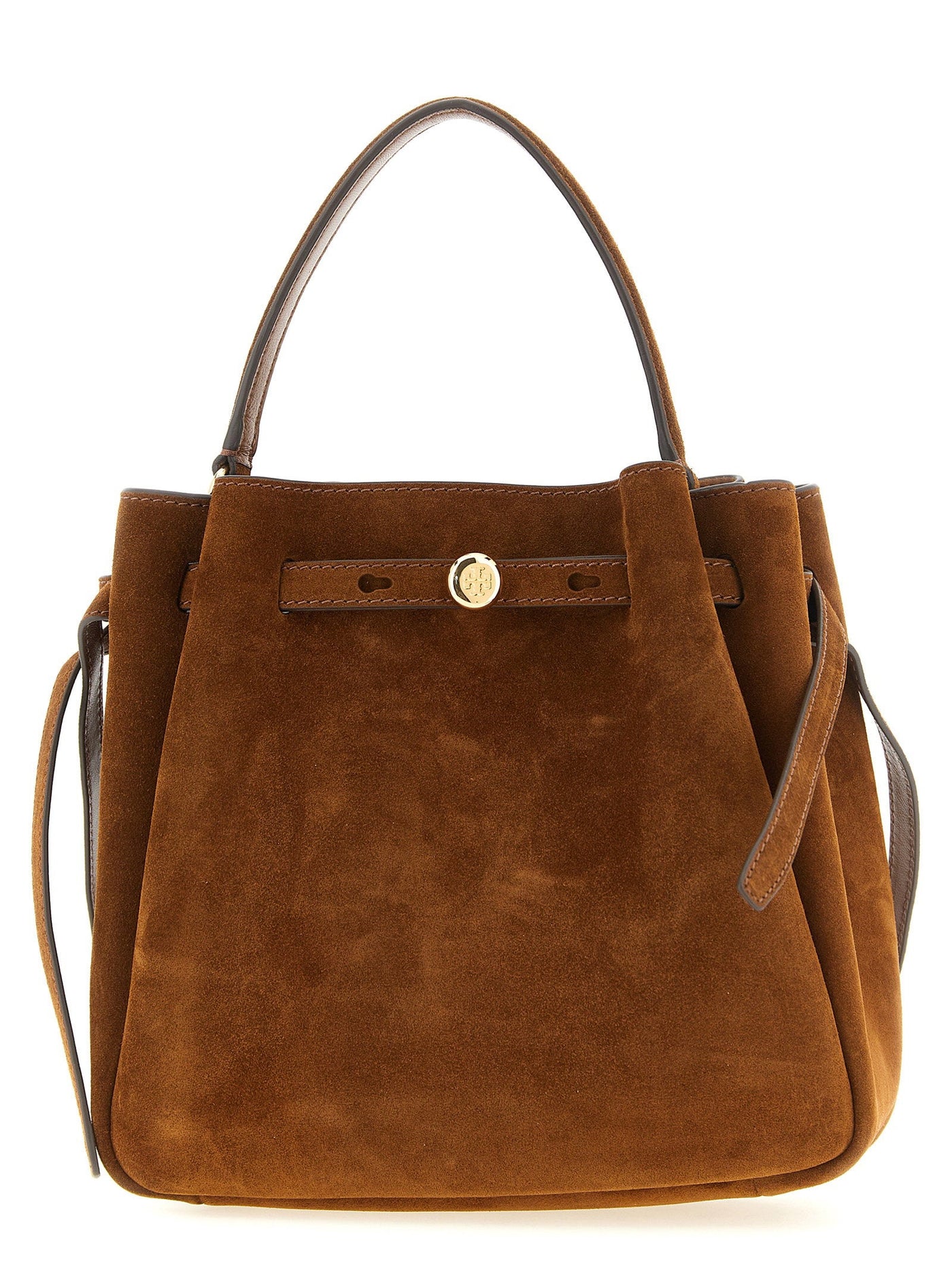 Tory Burch Romy Bucket Bag — Brown Suede Exterior