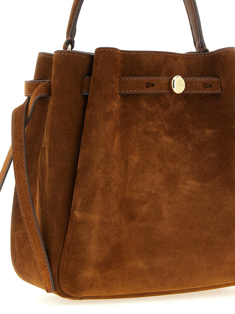 Tory Burch Romy Bucket Bag — Brown Suede Exterior