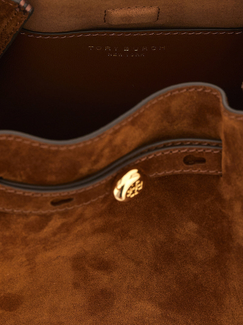 Tory Burch Romy Bucket Bag — Brown Suede Exterior