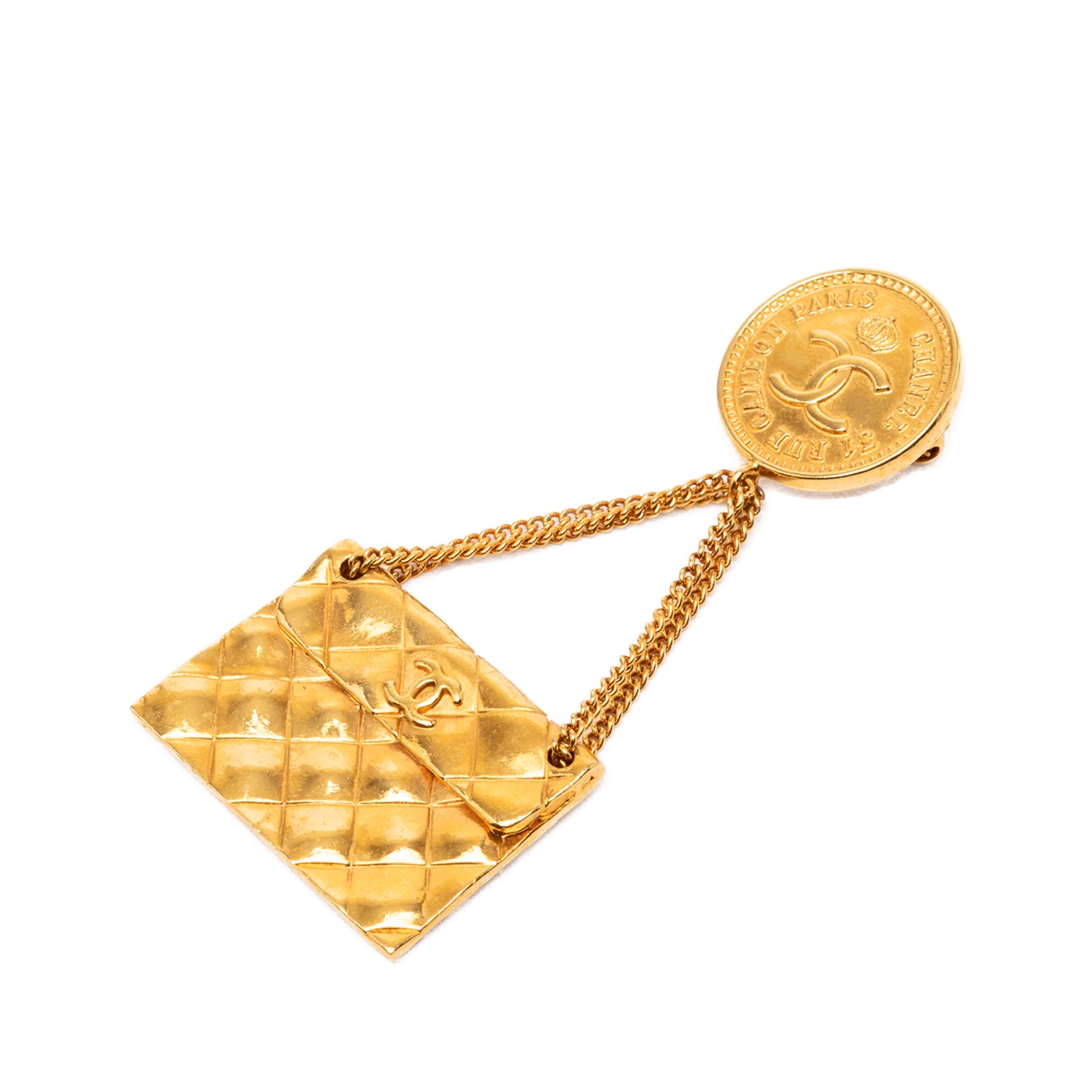 CC Gold Plated Quilted Flap Bag Medallion Brooch - Image 1