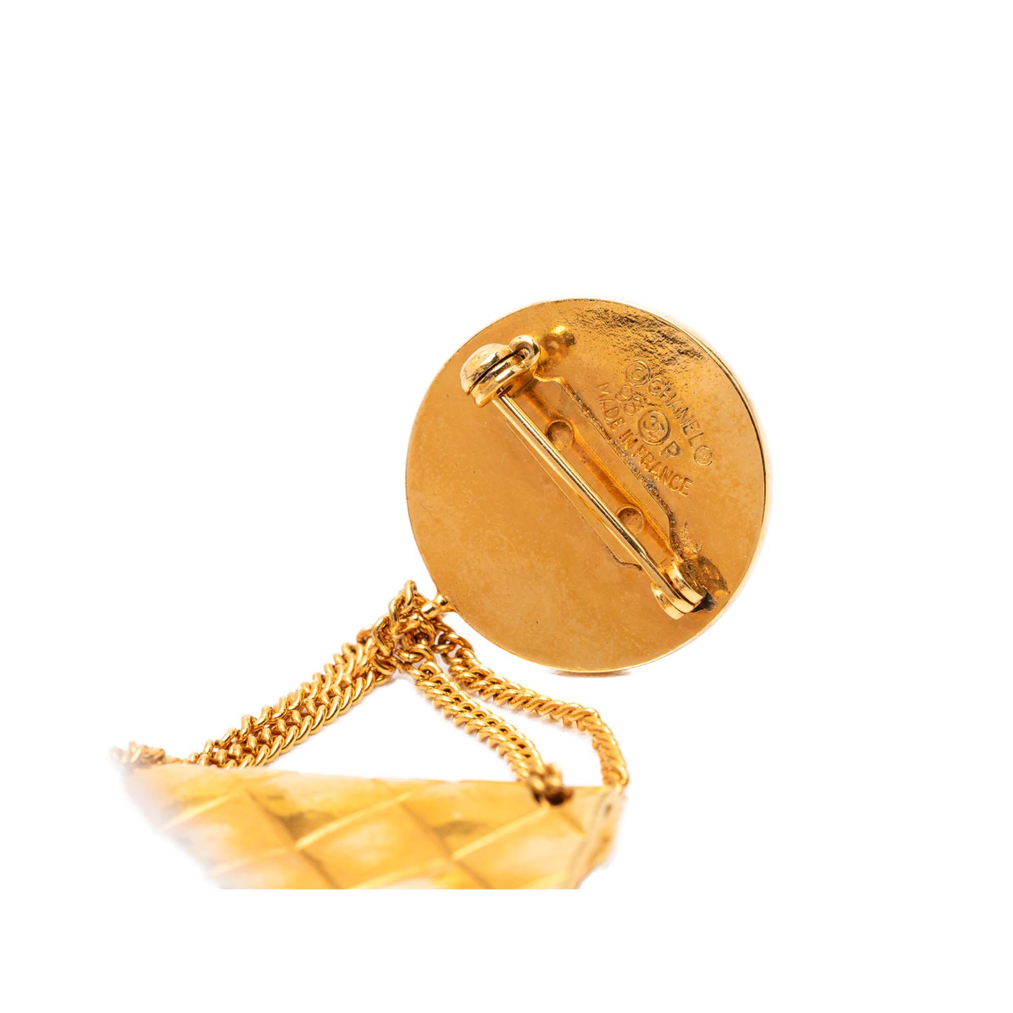 CC Gold Plated Quilted Flap Bag Medallion Brooch - Image 3