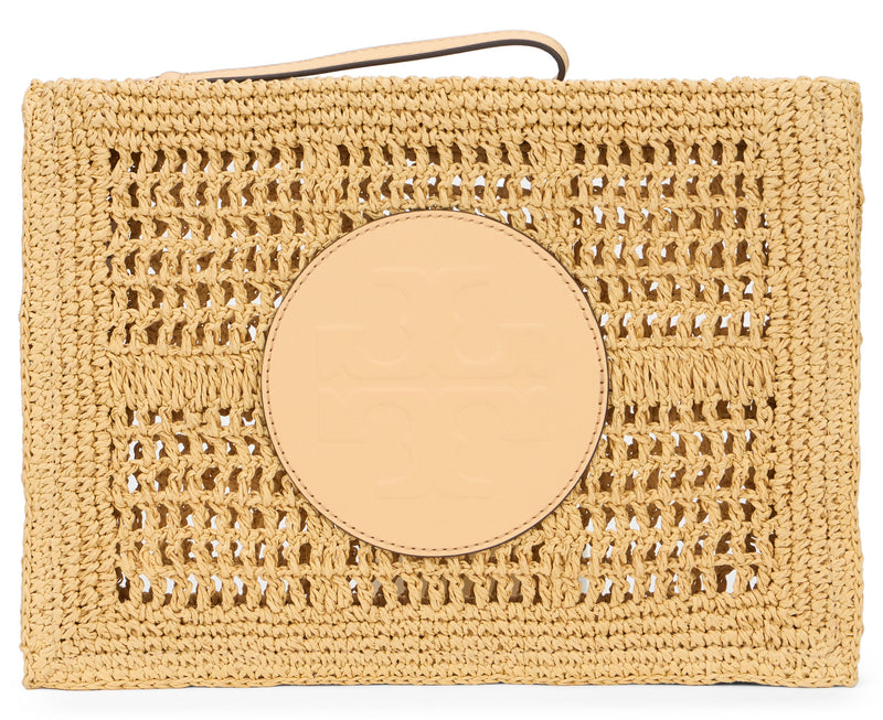 Tory Burch Woven Raffia Crochet Clutch — Beige