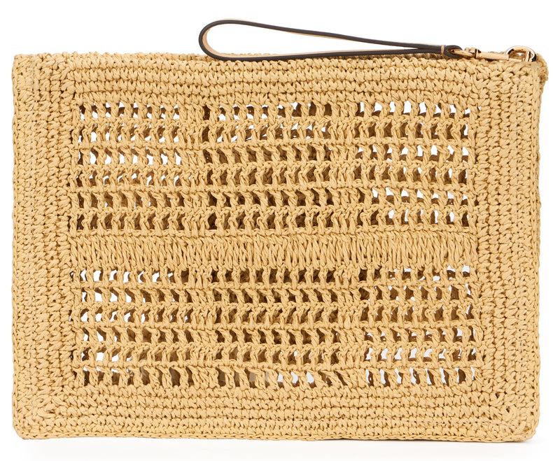 Tory Burch Woven Raffia Crochet Clutch — Beige