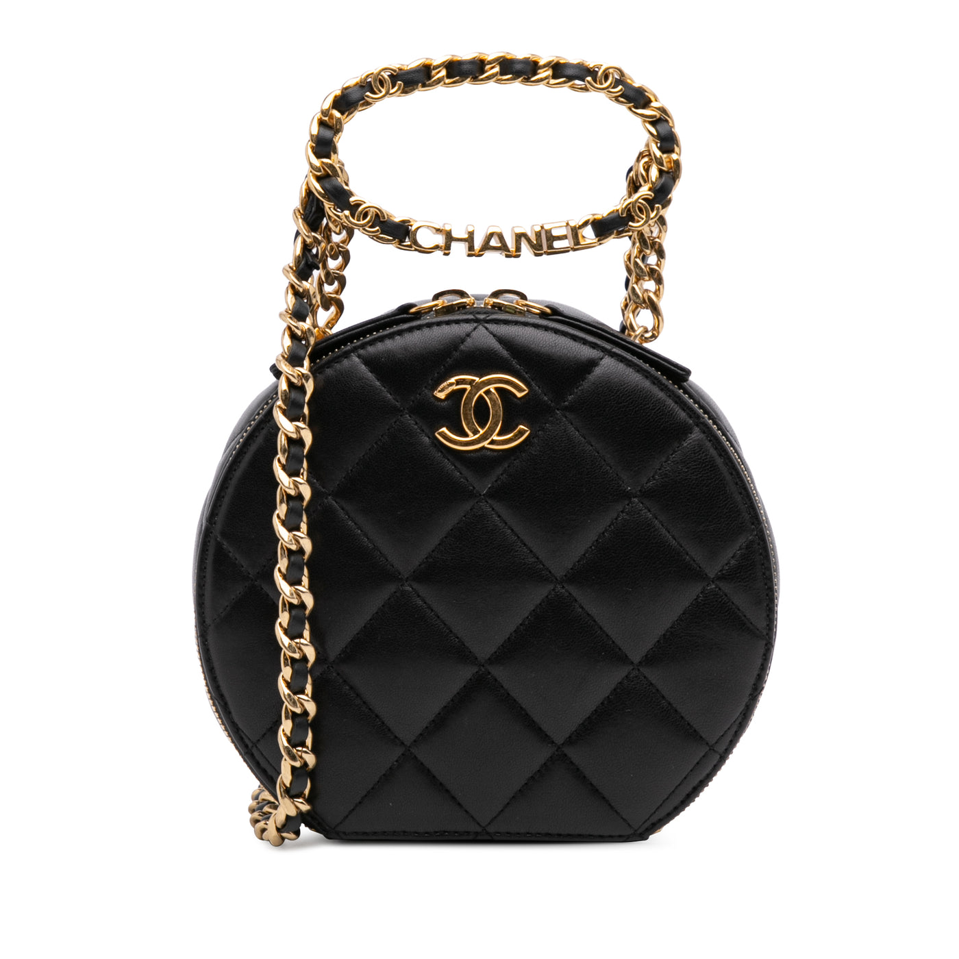 Quilted Lambskin Oval Logo Chain Top Handle Round Clutch on Chain - Image 1