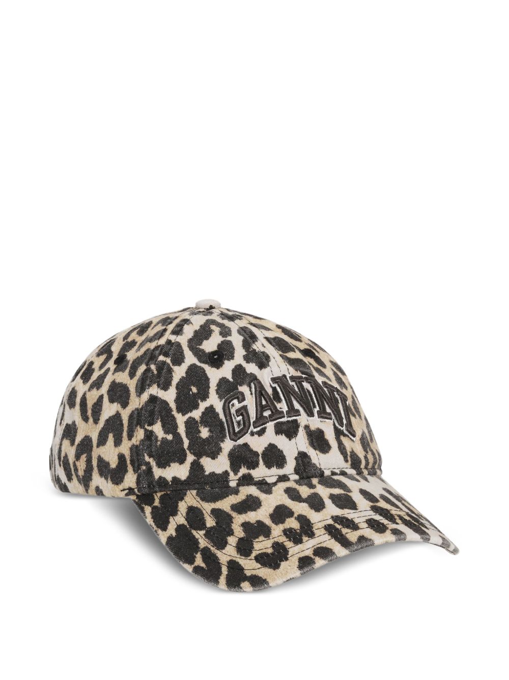 Ganni Leopard Print Canvas Baseball Cap — Beige Organic Cotton Caps
