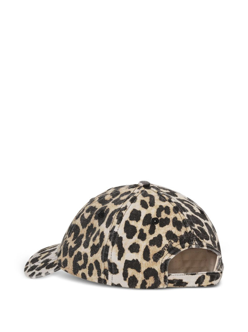 Ganni Leopard Print Canvas Baseball Cap — Beige Organic Cotton Caps