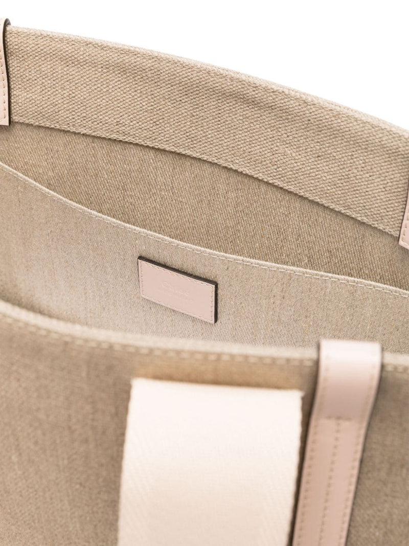 Chloé Woody Tote Bag — Beige Linen/flax With Leather Trim