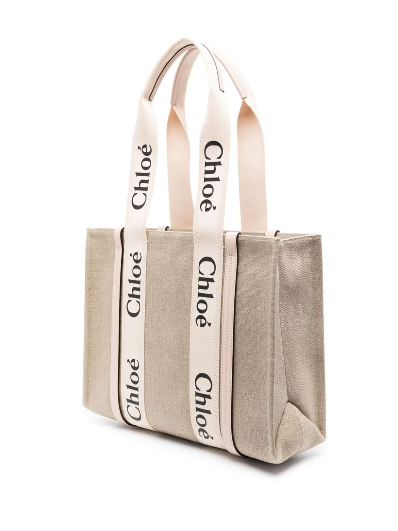 Chloé Woody Tote Bag — Beige Linen/flax With Leather Trim