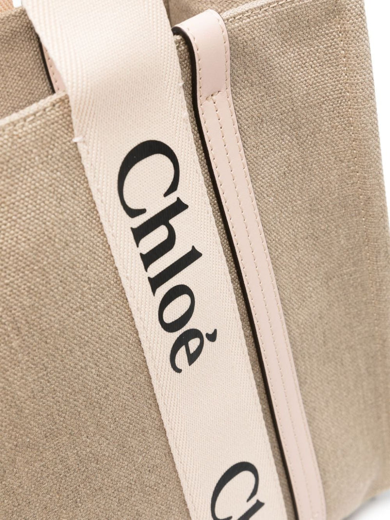 Chloé Woody Tote Bag — Beige Linen/flax With Leather Trim