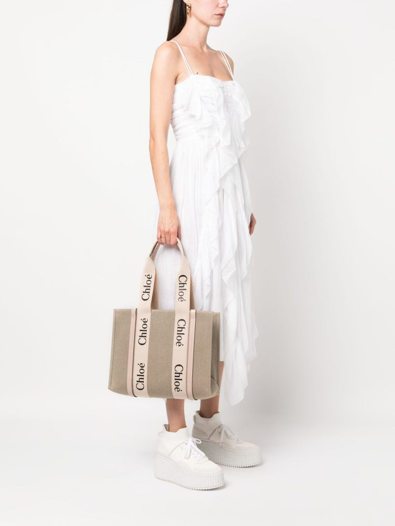 Chloé Woody Tote Bag — Beige Linen/flax With Leather Trim