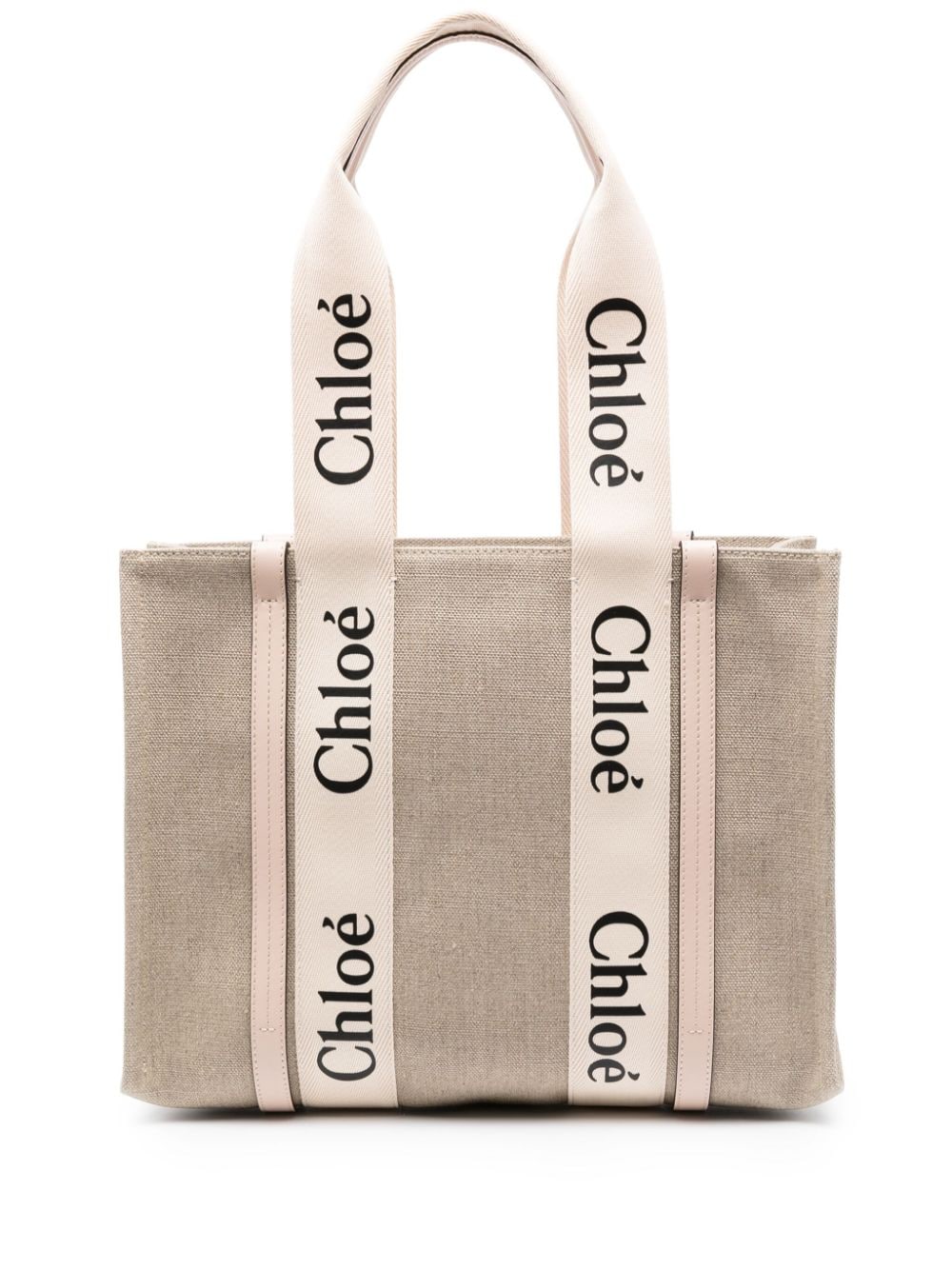 Chloé Woody Tote Bag — Beige Linen/flax With Leather Trim