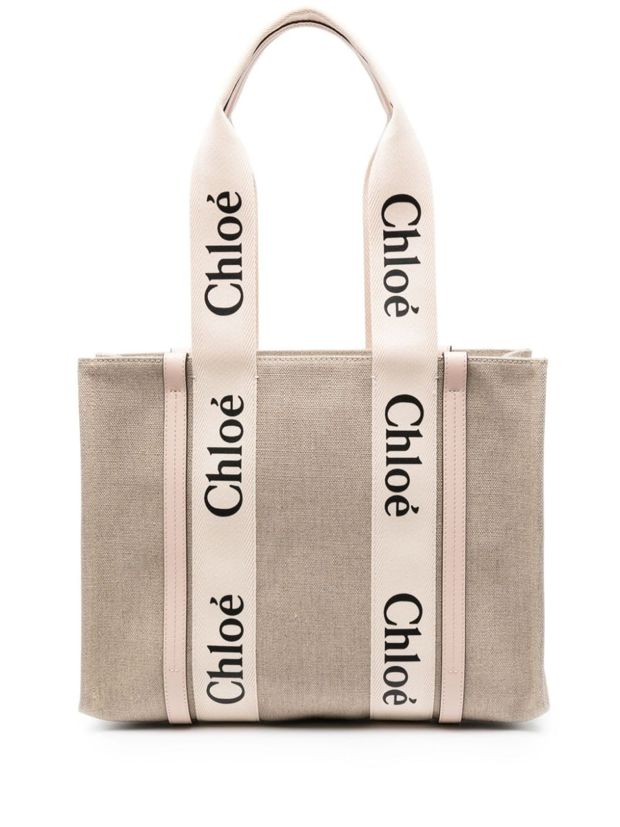 Chloé Woody Tote Bag — Beige Linen/flax With Leather Trim