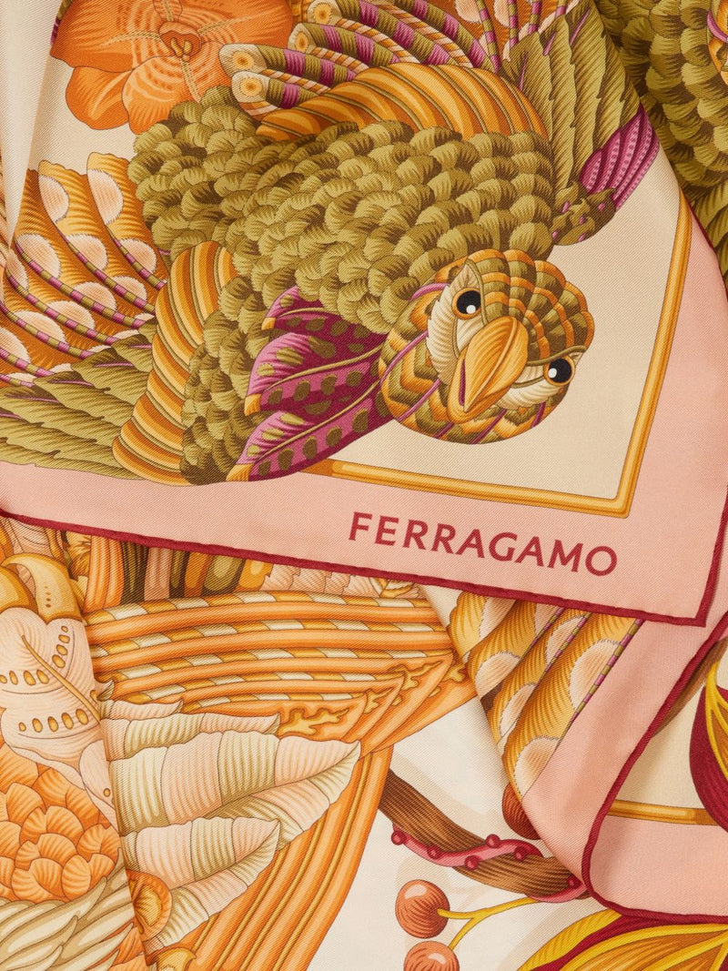 Ferragamo Parrot And Gancini Print Silk Scarf — Orange Pure Scarfs